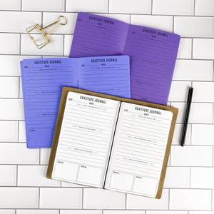 May include: Three open gratitude journals with lined pages and prompts for date, mood, and daily reflections. One journal has a brown cover, while two have purple covers. A gold metal binder clip and a black pen are placed near the journals.