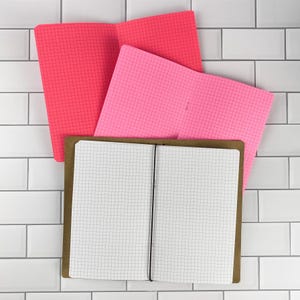 May include: Three open notebooks with grid-lined pages. One notebook has a brown cover with white grid paper, while the other two feature bright neon pink and hot pink covers with matching pink grid-lined pages, all displayed in an open layout.