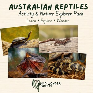 Könnte beinhalten: Ein Australian Reptiles Activity & Nature Explorer Pack mit dem Text Learn Explore Wonder und Wild Wonder Print Co. Das Set enthält vier Bilder von Reptilien: eine Schildkröte, eine Eidechse auf einem Baumstamm, eine Kragenechse und eine Schlange.