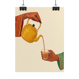 May include: A vertical art print featuring two hands adorned with intricate henna patterns. One hand holds a bright yellow metal teapot pouring a brown liquid into a clear glass held by the other hand, which wears a teal and gold patterned sleeve.