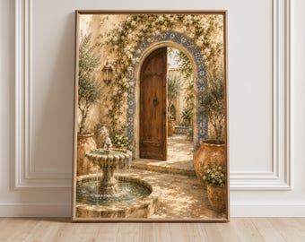 Mediterraner Tür-Wand-Kunst-Druck, italienischer Hof-Dekor, toskanischer Gartenbrunnen, blauer Fliesenbogen, europäische Villa-Wand-Kunst