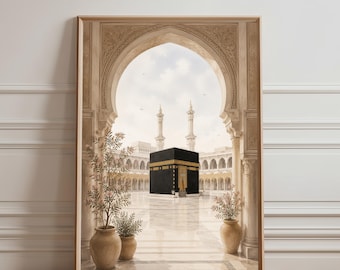 Kaaba Wall Art Print, Mecca Islamic Art, Masjid Al Haram Painting, Makkah Mosque Poster, Neutral Muslim Home Decor, Islamic Canvas