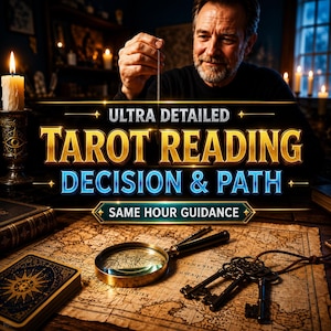 Puede incluir: Un gráfico digital con el texto ULTRA DETAILED TAROT READING DECISION & PATH SAME HOUR GUIDANCE. La imagen muestra una lupa, un juego de llaves de metal y una carta del tarot sobre un mapa antiguo, con una persona sosteniendo un péndulo.