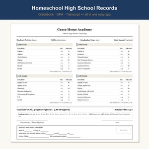Homeschool High School Transcript Maker & Gradebook App |  Weighted GPA, Printable Records, Multiple Students, Instant Download