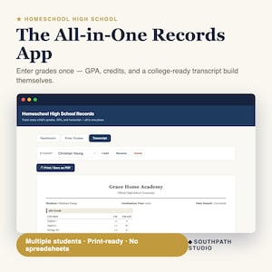 Homeschool High School Transcript Maker & Gradebook App |  Weighted GPA, Printable Records, Multiple Students, Instant Download