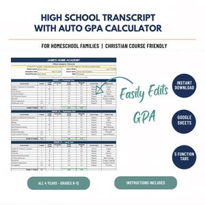 May include: A digital high school transcript template with an auto GPA calculator for homeschool families. The document includes sections for grades 9-12, course names, credits, letter grades, and weighted GPA. Features include Google Sheets compatibility.