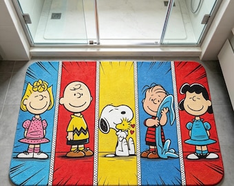 Retro Comic Strip Bath Mat, Pop Art Cartoon Friends Rug, Colorful Grid Pattern Floor Mat, Vintage Nostalgic Playroom Decor