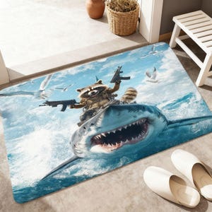 Cool Raccoon Riding Shark Bath Mat Soft Flannel Non Slip Floor Rug Funny Nautical Animal Doormat for Living Room Kitchen Hallway