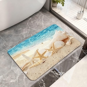 Sea Star Shell Memory Foam Bath Mat Soft Flannel Non Slip Absorbent Quick Dry Shower Floor Rug for Kitchen Bedroom Entryway