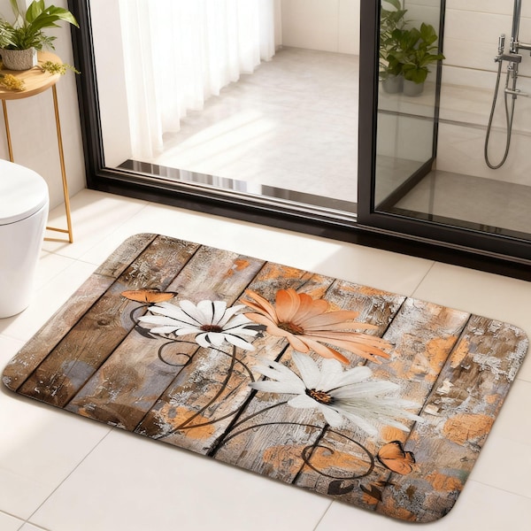 Orange Daisy Farmhouse Bath Mat, Rustic Wood Plank Doormat, Country Orange Flower Barnwood Floor Rug, Boho Non Slip Cozy Kitchen Rug