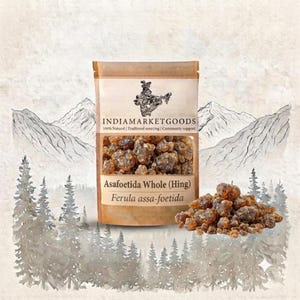 May include: A tan pouch labeled INDIAMARKETGOODS containing brown, resinous chunks of Asafoetida Whole (Hing), also known as Ferula assa-foetida. A small pile of the same dark, irregular, hardened resin pieces sits in front of the pouch on a surface.