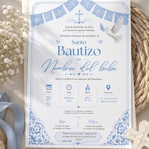 May include: A baptism invitation card featuring blue decorative borders, a cross, and a white dove. The text includes "Santo Bautizo", date, time, church location, and placeholders for names. The design incorporates floral motifs and religious symbols.