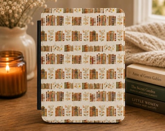 Étui Kindle vintage à motif livres et fleurs sauvages | Coque de protection florale antique pour liseuse