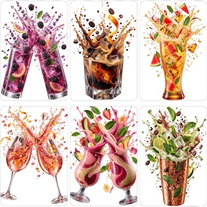 May include: A collection of six glasses featuring various beverages with dynamic splashes of fruit, coffee beans, and mint leaves, including blackberry cocktails, iced coffee, watermelon drinks, rose wine, fruit smoothies, and iced mint coffee.