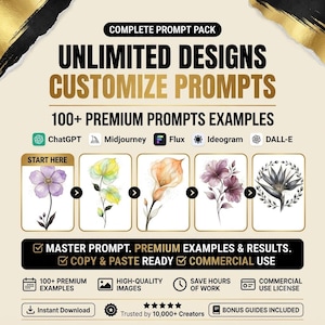 Puede incluir: Un gráfico de producto digital titulado COMPLETE PROMPT PACK UNLIMITED DESIGNS CUSTOMIZE PROMPTS 100+ PREMIUM PROMPTS EXAMPLES. Incluye iconos para ChatGPT, Midjourney, Flux, Ideogram y DALL-E, además de cinco ilustraciones florales y cuadros de texto.
