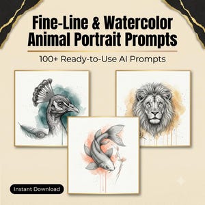 Fine Line Watercolor Animal Portrait AI Prompts | 100+ Ready-to-Use Bundle (Digital Download)