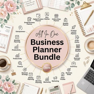 Może przedstawiać: Grafika cyfrowego pakietu planera biznesowego z centralnym różowym kołem zawierającym tekst All In One Business Planner Bundle oraz logo Canva. Otaczające ikony przedstawiają planery dla Etsy, Shopify, finansów, marketingu i produktywności.