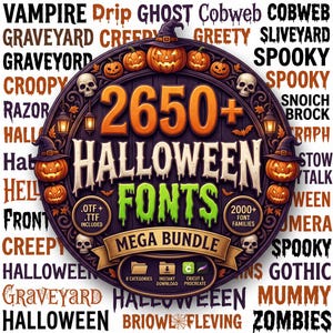 Può includere: Un grafico circolare che presenta il testo 2650+ HALLOWEEN FONTS MEGA BUNDLE, circondato da zucche, teschi e lanterne. Lo sfondo è riempito con parole a tema Halloween come VAMPIRE, GHOST, SPOOKY e ZOMBIES in vari caratteri tipografici.