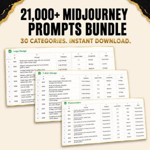 May include: A digital bundle of 21,000+ Midjourney prompts organized into 30 categories. The display features three overlapping spreadsheet tables titled Logo Design, T-Shirt Design, and Photorealism, containing columns for ID, prompt, category, aspect ratio, complexity, and style.