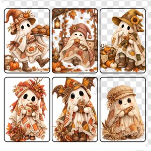 Könnte beinhalten: Eine Sammlung von sechs Illustrationen mit Geistern, die herbstliche Kleidung und Accessoires tragen. Die Geister sind mit Kürbissen, Herbstblättern, Sonnenblumen, Steppdecken und rustikalen Gegenständen dargestellt, alles in einer warmen Farbpalette.