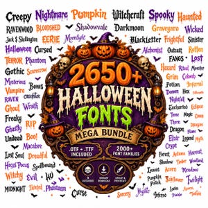 May include: A digital graphic for a 2650+ Halloween Fonts Mega Bundle featuring a central ornate purple frame with jack-o'-lanterns, skulls, and lanterns. The text reads 2650+ HALLOWEEN FONTS MEGA BUNDLE, OTF + TTF INCLUDED, and 2000+ FONT FAMILIES.