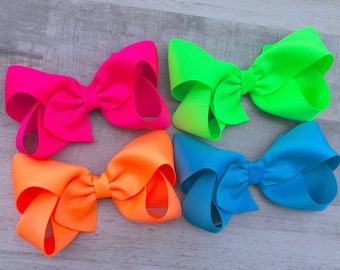Set of 4 neon hair bows - hair bows, hair clips, baby bows, girls bows, toddler bows, 4 inch hair bows