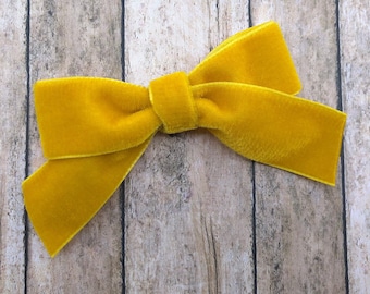 Mustard yellow velvet hair bow - 3 inch velvet bows, hair clip or baby headband