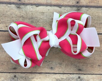 Pink striped layered hair bow - hair bows, bows for girls, toddler hair bows, girls bows, 4 inch hair bows, big hair bows