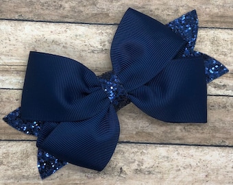 Navy blue hair bow - hair bows, girls hair bows, toddler bows, boutique bows, 4 inch hair bows, hair clips