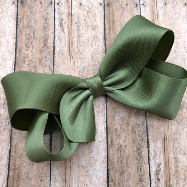 Olive green satin hair bow - hair bows for girls, toddler hair bows, boutique bows, 4 inch hair bows