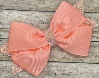 Peach Glitter Hair Bow: 4-Inch Hair clip