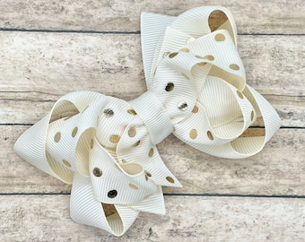 Ivory and gold polka dot hair bow - hair bows, bows for girls, baby bows, toddler bows, pigtail bows, girls bows, boutique bows