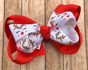 Reindeer hair bow - 4 inch hair bows, bows for girls, hair clips