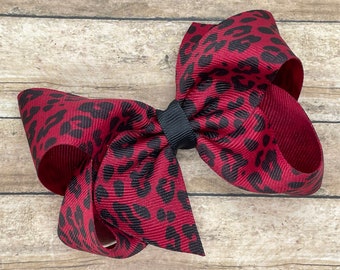 Dark red leopard print hair bow - bows for girls, pigtail bows, toddler hair bows, 4 inch hair bows, pinwheel bows