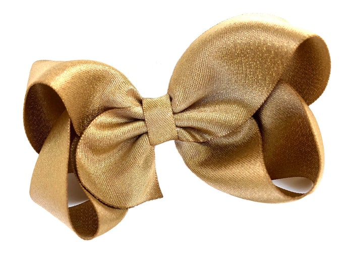 Featured listing image: Metallic gold hair bow - 4 inch gold bow, gold shimmer bow, boutique bows, girls hair bows, toddler bows, gold bows