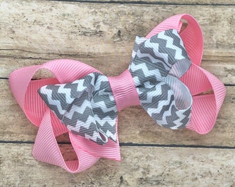 Pink and gray hair bow - hair bows, bows for girls, baby bows, toddler bows, pigtail bows, girls bows, girls hair bows, boutique bows