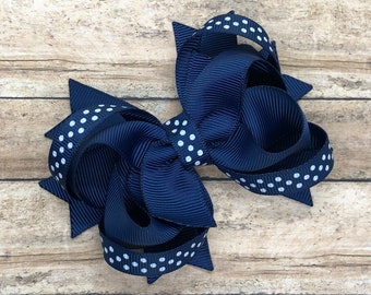 Navy blue polka dot hair bow - hair bows, bows for girls, baby bows, toddler bows, pigtail bows, girls bows, girls hair bows, boutique bows