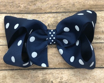 Navy blue polka dot hair bow - hair bows, girls hair bows, toddler bows, 4 inch hair bows, big hair bows