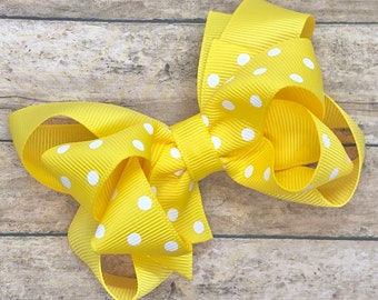 Yellow polka dot hair bow - hair bows, bows for girls, baby bows, toddler bows, pigtail bows, girls bows, girls hair bows, boutique bows