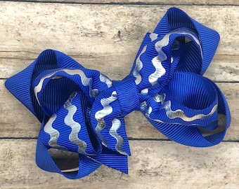 Blue and silver hair bow - hair bows, bows for girls, baby bows, toddler bows, pigtail bows, girls bows, girls hair bows, boutique bows