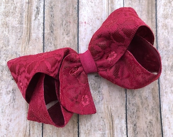 Dark red lace hair bow - hair bows, bows, hair clips, hair bows for girls, girls bows, baby bows, toddler hair bows, girls hair bows