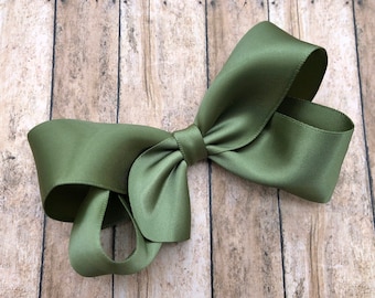 Olive green satin hair bow - hair bows for girls, toddler hair bows, boutique bows, 4 inch hair bows