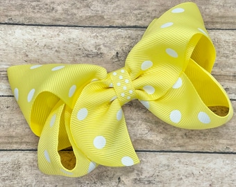 Lemon yellow polka dot hair bow - hair bows, bows for girls, baby bows, toddler bows, pigtail bows, girls bows,  boutique bows