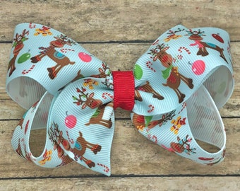 Christmas hair bow - Rudolph hair bow, girls hair bows, Christmas bows, hair bows