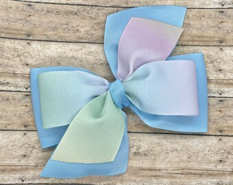 Pastellfarbene Regenbogen Haarschleife: 13 cm breite Ripsband-Haarspange