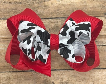 Cow print hair bow - hair bows, baby bows, girls bows, pigtail bows, toddler bows, 4 inch hair bows