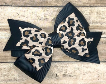 Leopard print hair bow - hair bows, girls hair bows, toddler bows, 4 inch hair bows