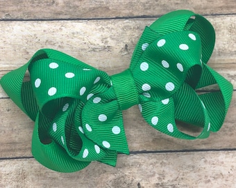Green polka dot hair bow - hair bows, bows for girls, baby bows, toddler bows, pigtail bows, girls bows, girls hair bows, boutique bows