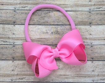 Pink baby headband - baby headband bows, nylon headband, baby girl headband, newborn headband, baby bows, baby hair bows