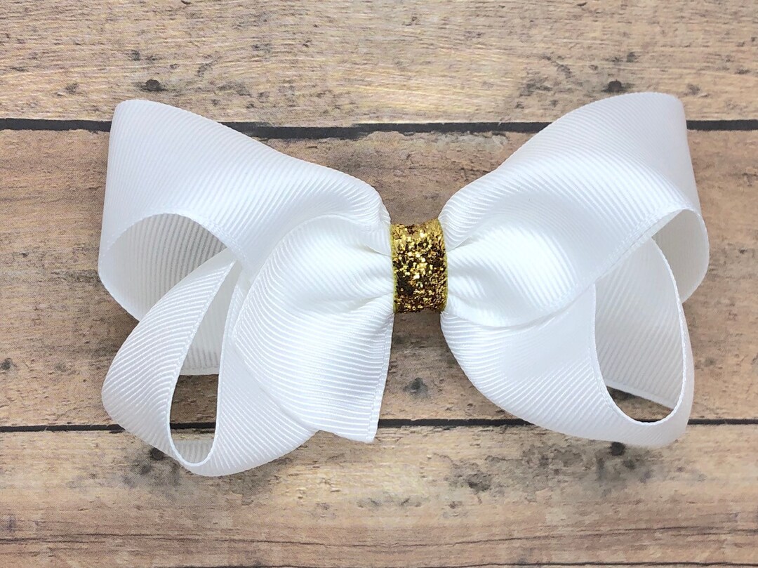 Girls Hair Bow: 4-inch Ribbon Bow With Gold Glitter - You Pick Color ...